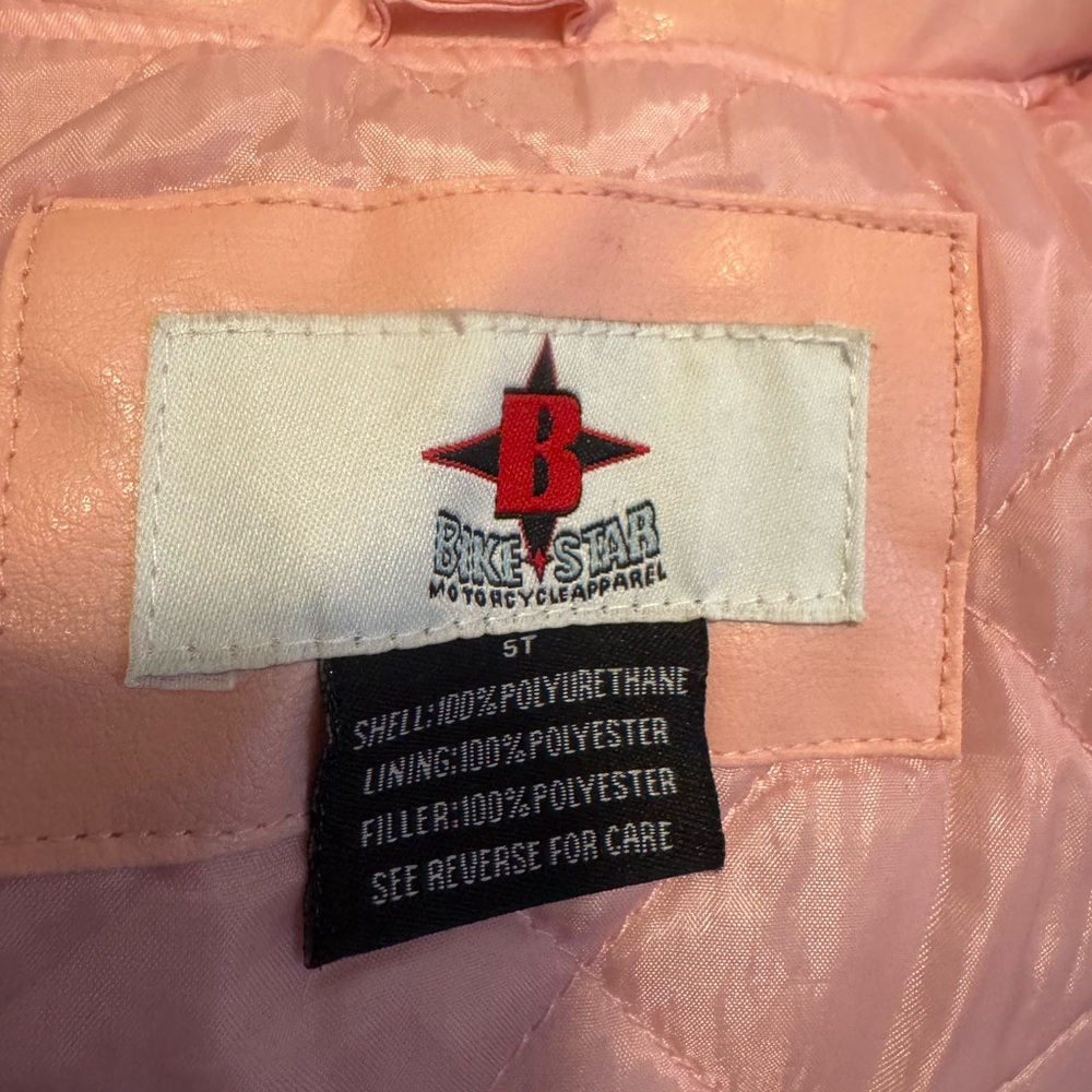 Bike Star Pink Faux Leather Moto Jacket 5T USA Eagle Belt Biker Coat - Picture 3 of 5